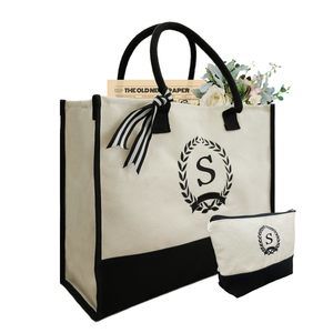 Initial Canvas Tote Bag, Personalized Initial Canvas Beach Bag, Monogrammed o_o